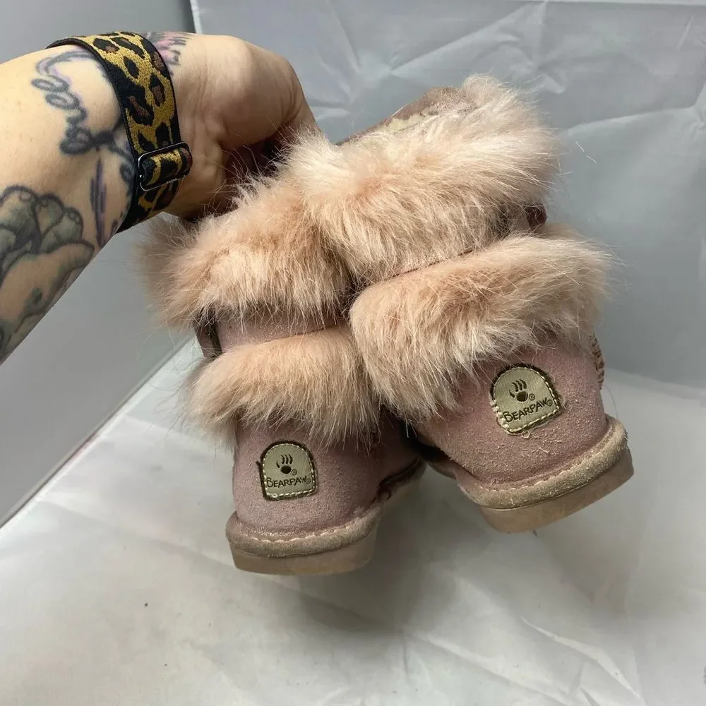 BEARPAW Elle Exotic Pink faux fur Youth Boots - Size 12 - GUC